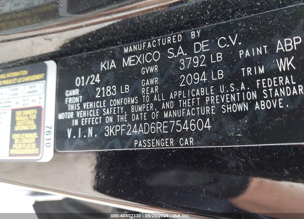 2024 KIA FORTE LXS VIN: 3KPF24AD6RE754604