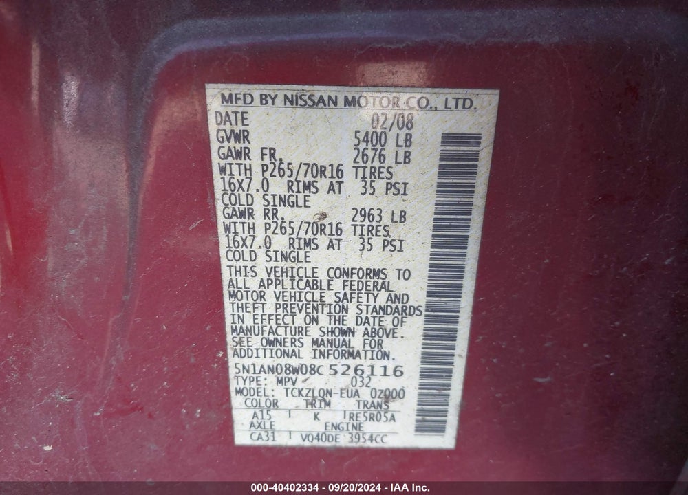 2008 NISSAN XTERRA X VIN: 5N1AN08W08C526116