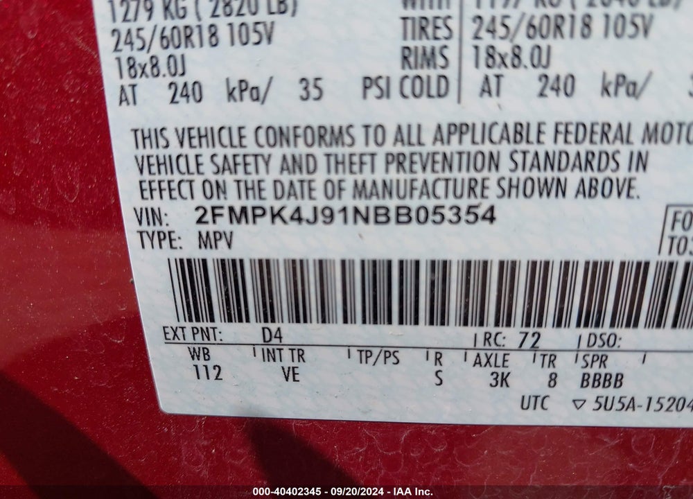 2022 FORD EDGE VIN: 2FMPK4J91NBB05354