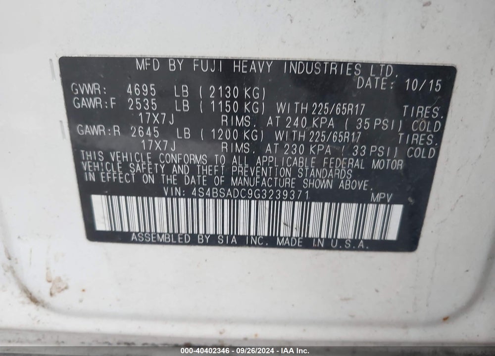 2016 SUBARU OUTBACK 2.5I PREMIUM VIN: 4S4BSADC9G3239371