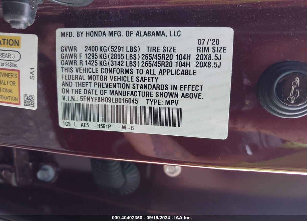 2020 HONDA PASSPORT AWD ELITE VIN: 5FNYF8H09LB016045