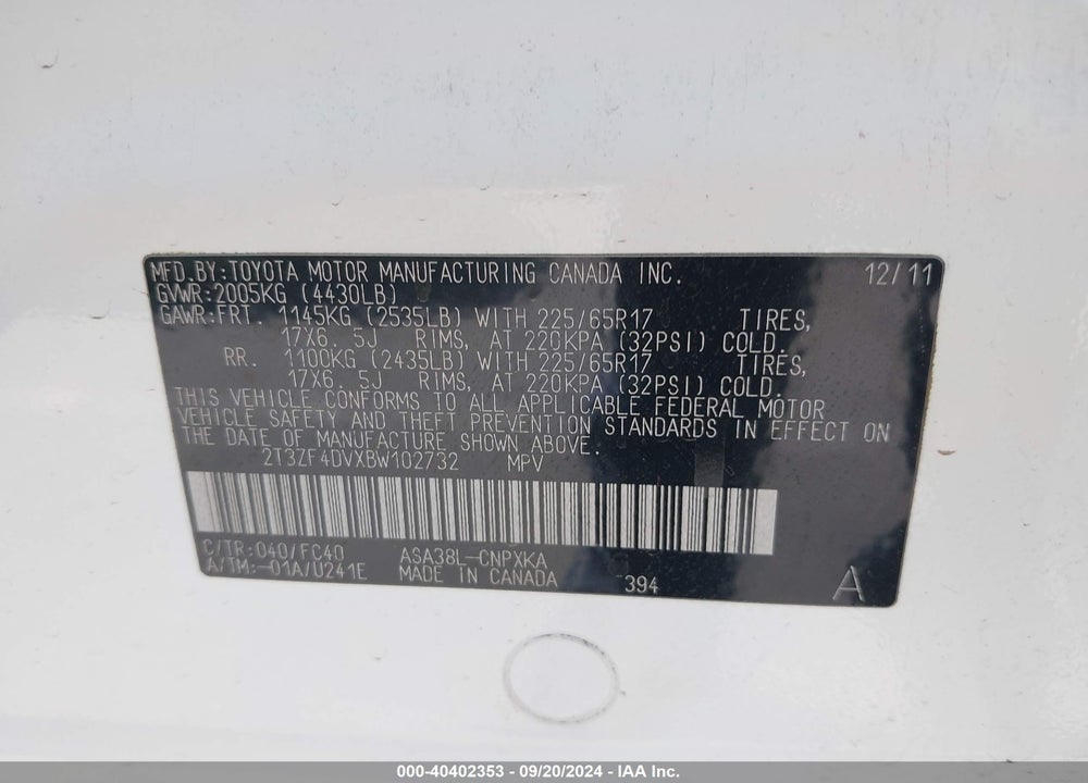 2011 TOYOTA RAV4 BASE (A4) VIN: 2T3ZF4DVXBW102732