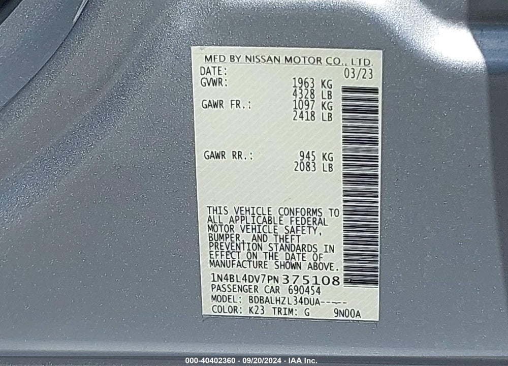 2023 NISSAN ALTIMA VIN: 1N4BL4DV7PN375108
