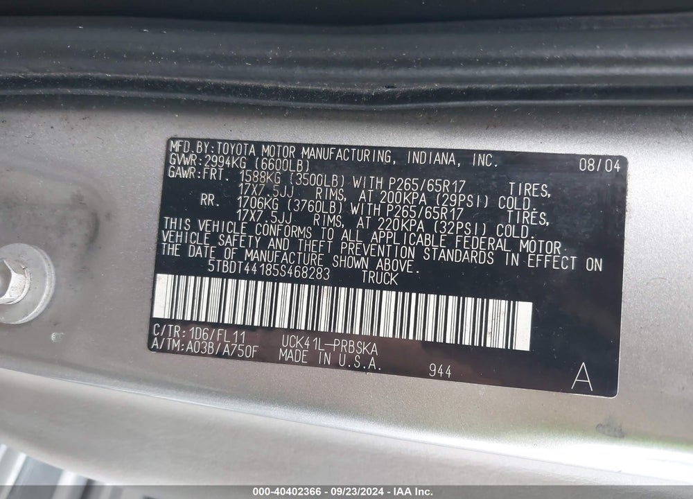 2005 TOYOTA TUNDRA SR5 V8 VIN: 5TBDT44185S468283