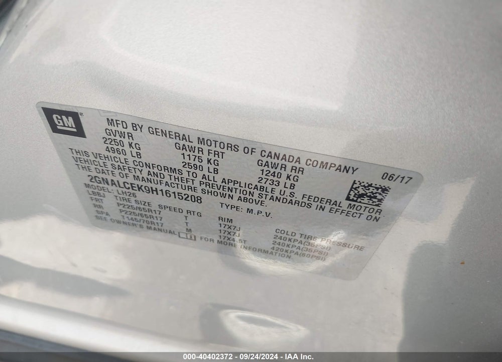 2017 CHEVROLET EQUINOX LT VIN: 2GNALCEK9H1615208