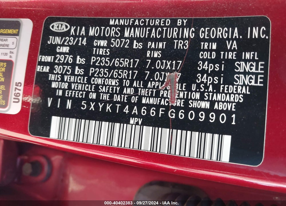2015 KIA SORENTO LX VIN: 5XYKT4A66FG609901