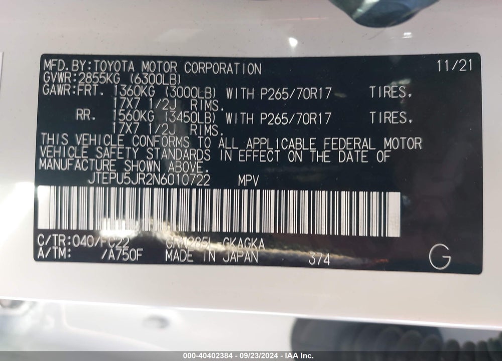 2022 TOYOTA 4RUNNER TRD OFF ROAD VIN: JTEPU5JR2N6010722