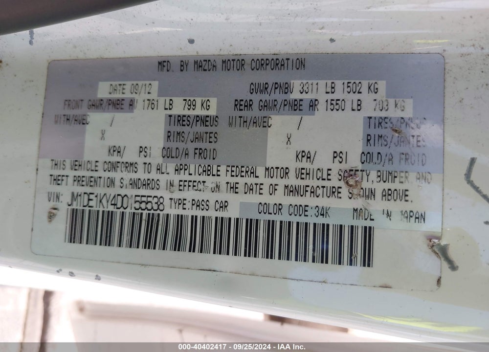 2013 MAZDA 2 SPORT VIN: JM1DE1KY4D0155538