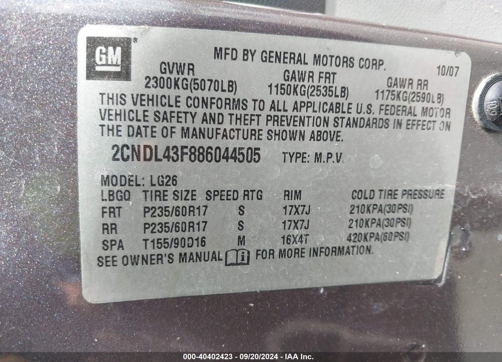 2008 CHEVROLET EQUINOX LT VIN: 2CNDL43F886044505