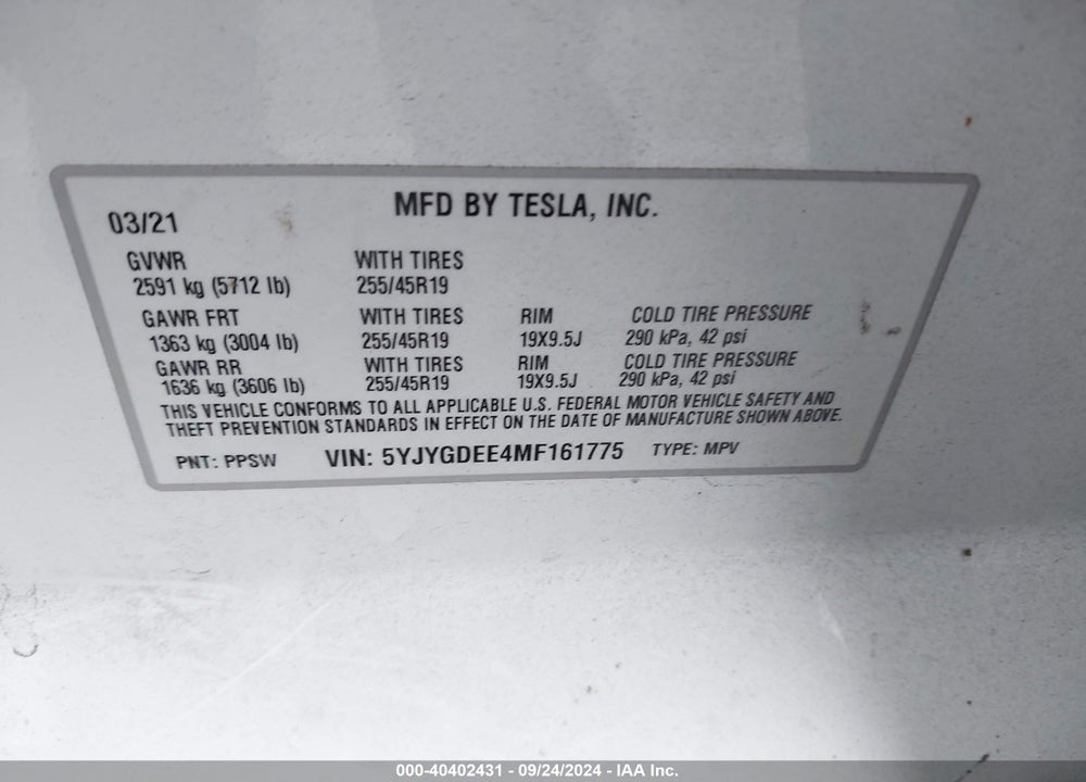 2021 TESLA MODEL Y LONG RANGE DUAL MOTOR ALL-WHEEL DRIVE VIN: 5YJYGDEE4MF161775