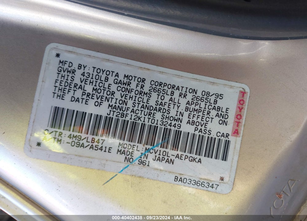 1996 TOYOTA CAMRY LE/XLE/SE VIN: JT2BF12K1T0132449