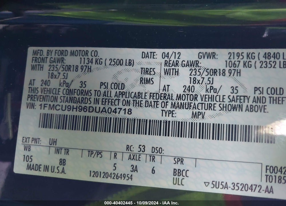 2013 FORD ESCAPE SEL VIN: 1FMCU9H96DUA04718