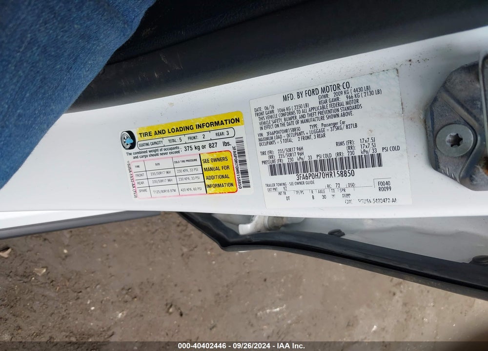 2017 FORD FUSION SE VIN: 3FA6P0H70HR158850