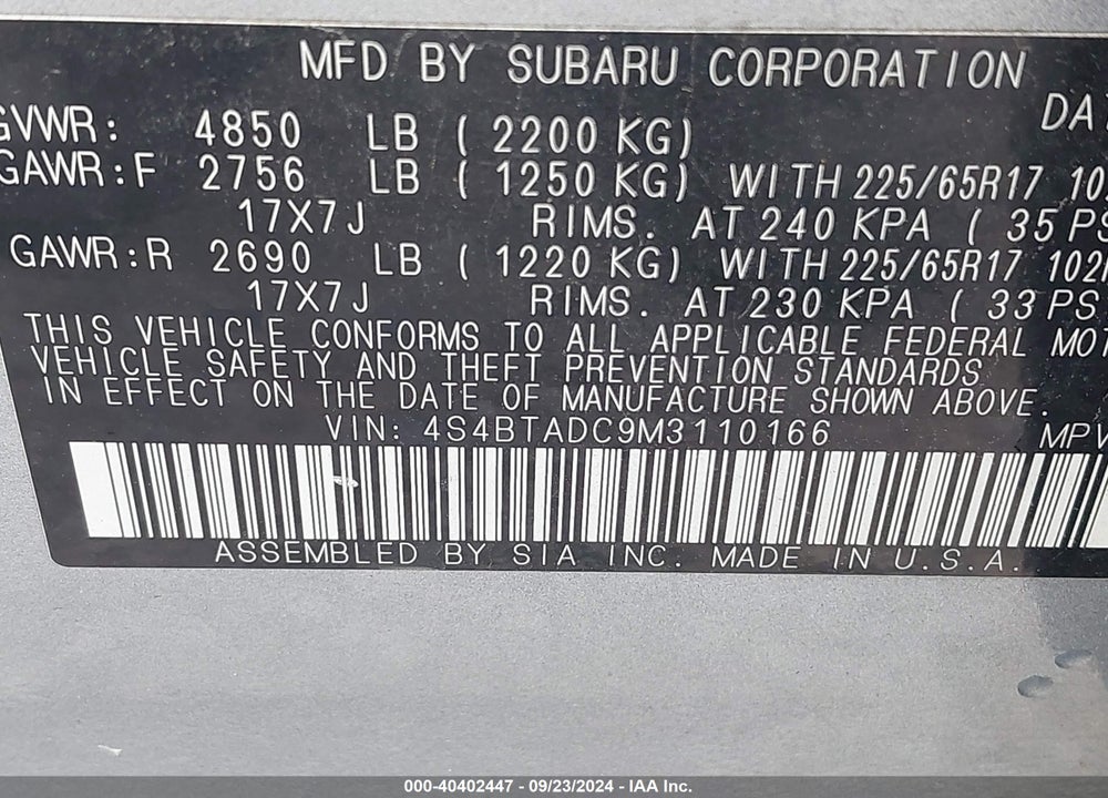 2021 SUBARU OUTBACK PREMIUM VIN: 4S4BTADC9M3110166