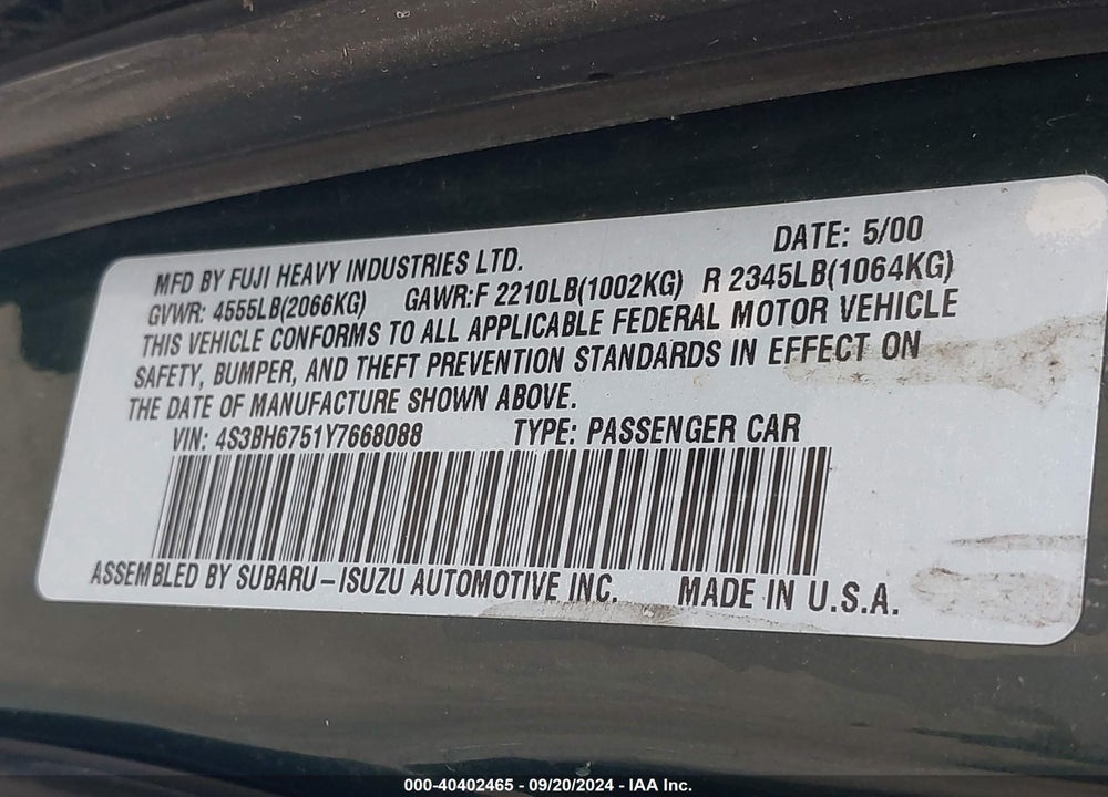 2000 SUBARU OUTBACK VIN: 4S3BH6751Y7668088