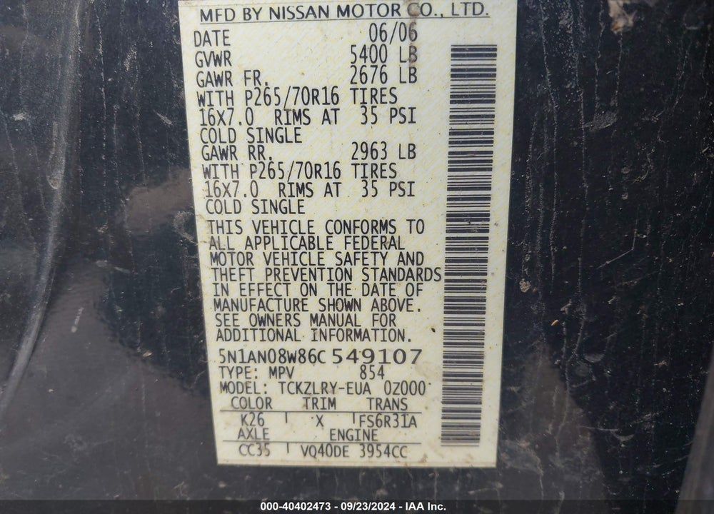 2006 NISSAN XTERRA S VIN: 5N1AN08W86C549107