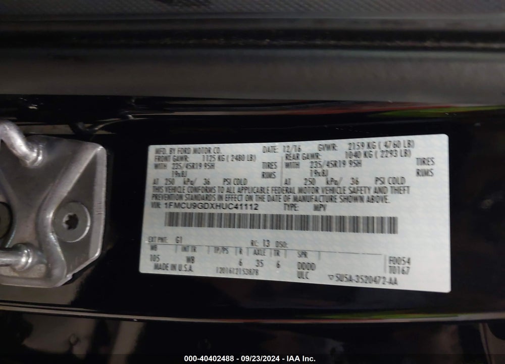 2017 FORD ESCAPE SE VIN: 1FMCU9GDXHUC41112