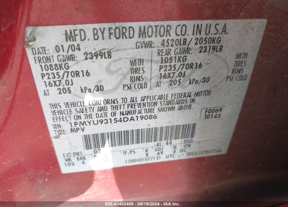 2004 FORD ESCAPE XLT VIN: 1FMYU93154DA19086