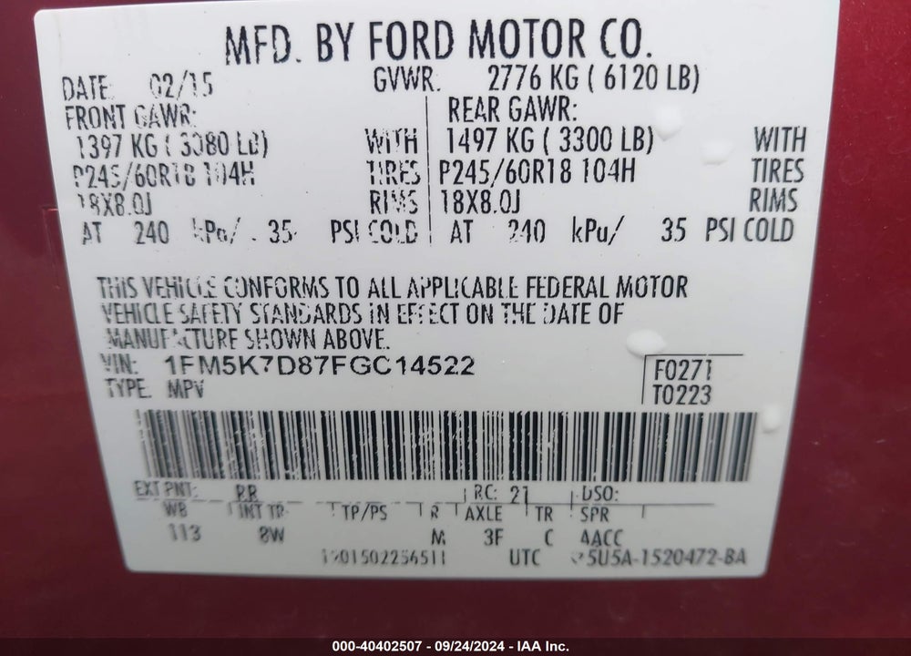 2015 FORD EXPLORER XLT VIN: 1FM5K7D87FGC14522