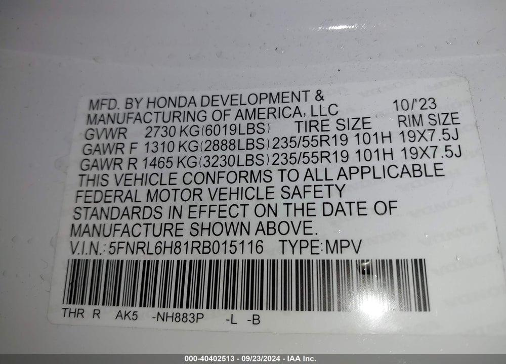 2024 HONDA ODYSSEY TOURING VIN: 5FNRL6H81RB015116