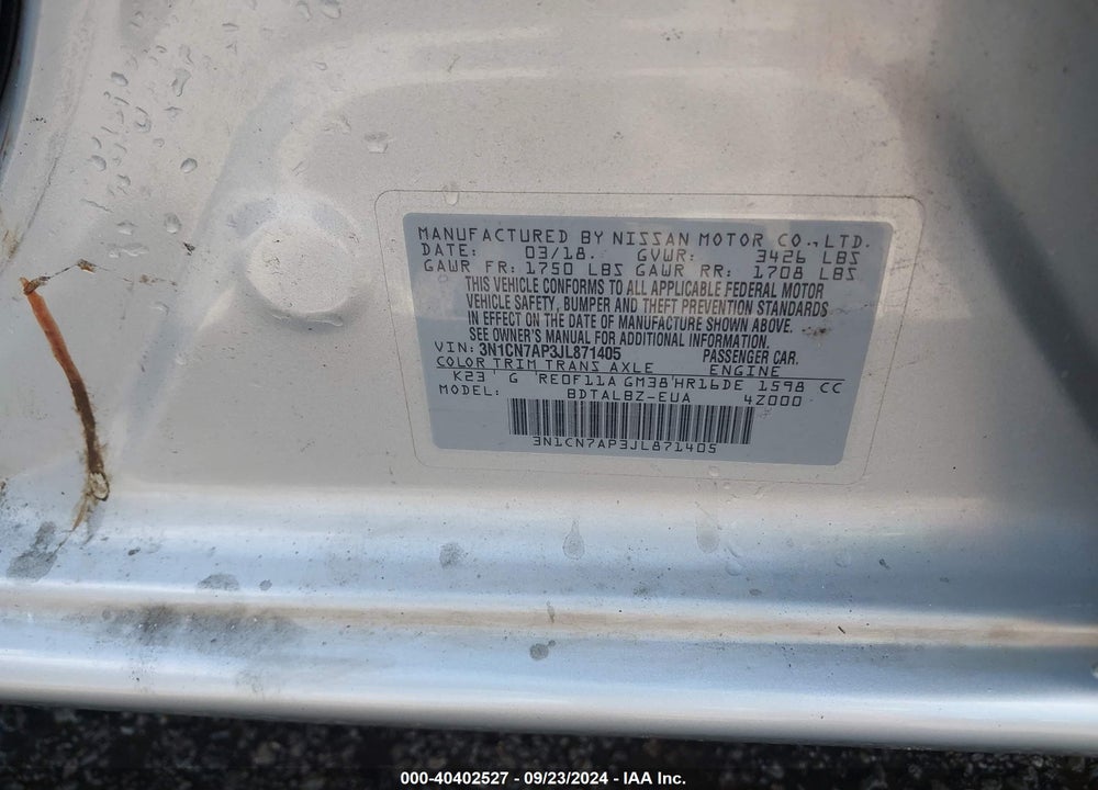 2018 NISSAN VERSA 1.6 SV VIN: 3N1CN7AP3JL871405