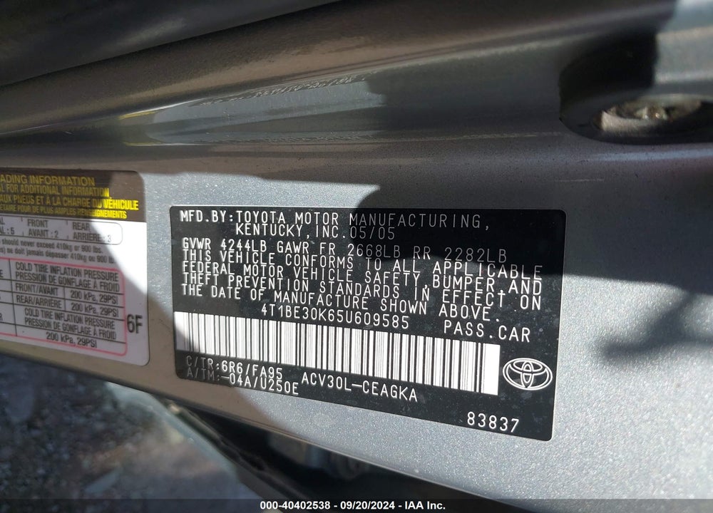 2005 TOYOTA CAMRY XLE VIN: 4T1BE30K65U609585