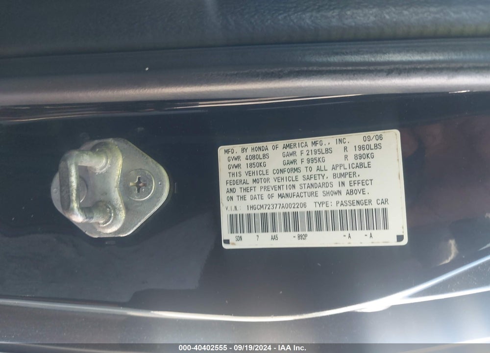 2007 HONDA ACCORD 2.4 LX VIN: 1HGCM72377A002206