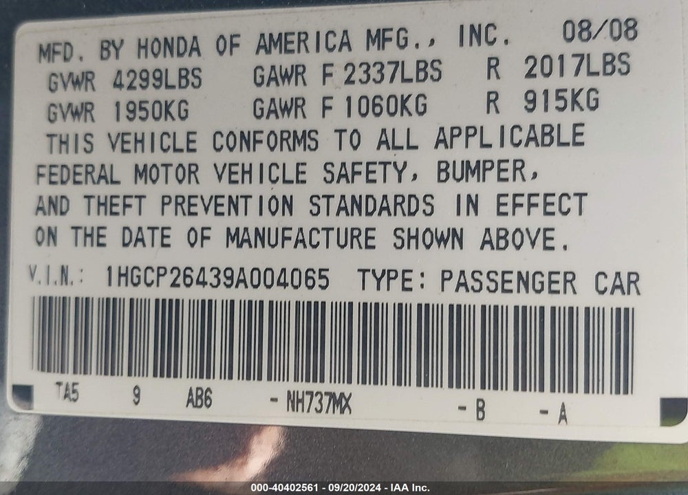 2009 HONDA ACCORD 2.4 LX-P VIN: 1HGCP26439A004065