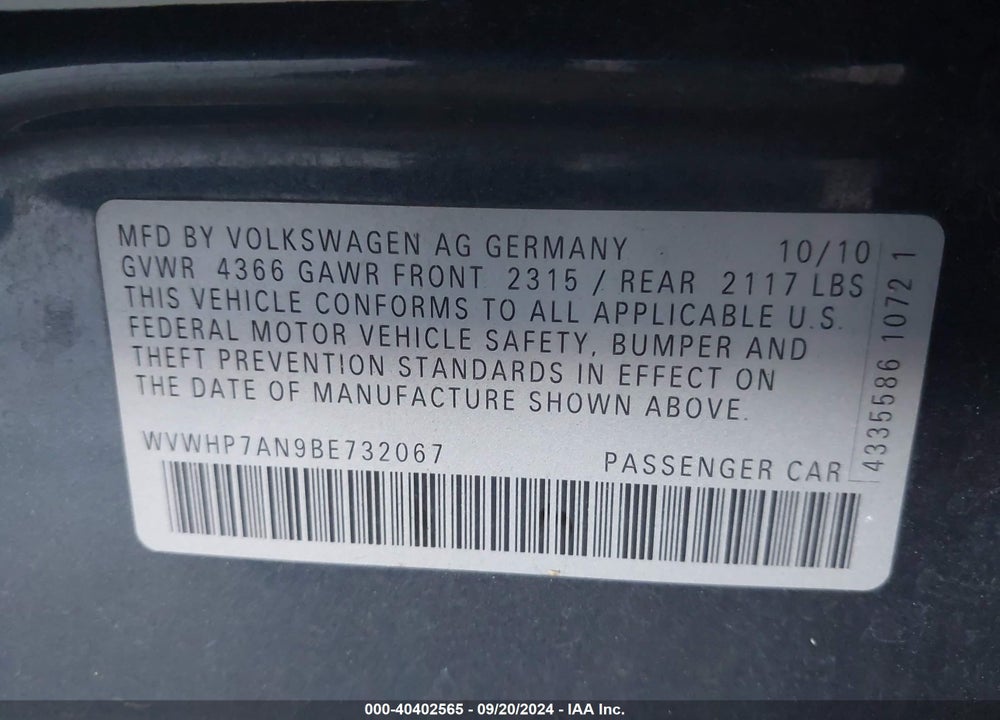 2011 VOLKSWAGEN CC LUX PLUS VIN: WVWHP7AN9BE732067