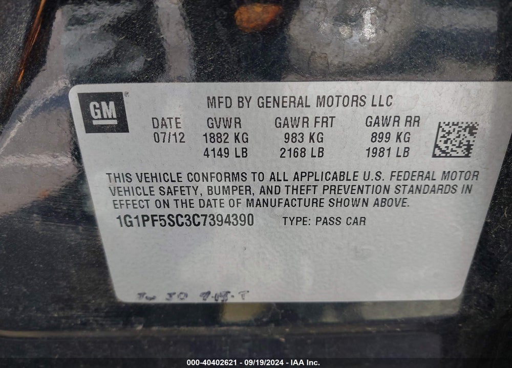 2012 CHEVROLET CRUZE 1LT VIN: 1G1PF5SC3C7394390