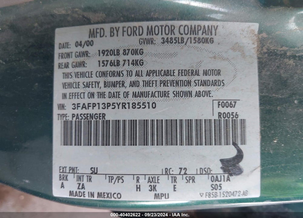 2000 FORD ESCORT VIN: 3FAFP13P5YR185510
