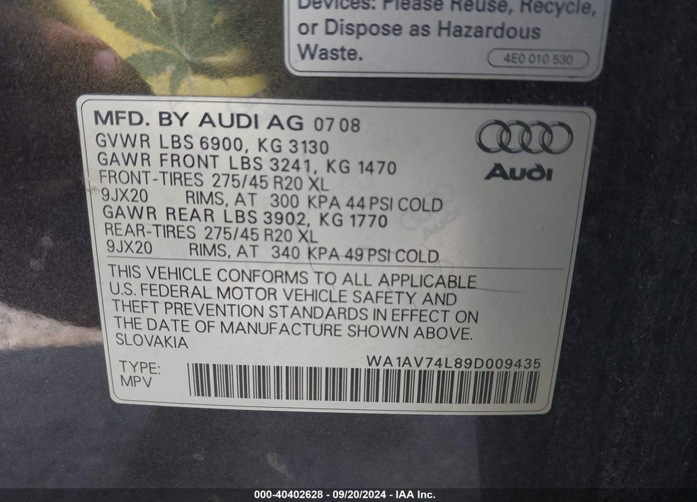 2009 AUDI Q7 4.2 PRESTIGE VIN: WA1AV74L89D009435