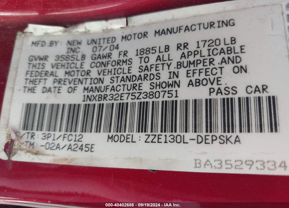 2005 TOYOTA COROLLA S VIN: 1NXBR32E75Z380751