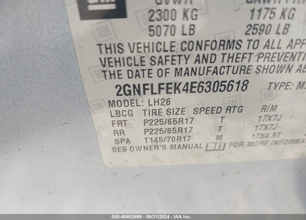 2014 CHEVROLET EQUINOX 1LT VIN: 2GNFLFEK4E6305618