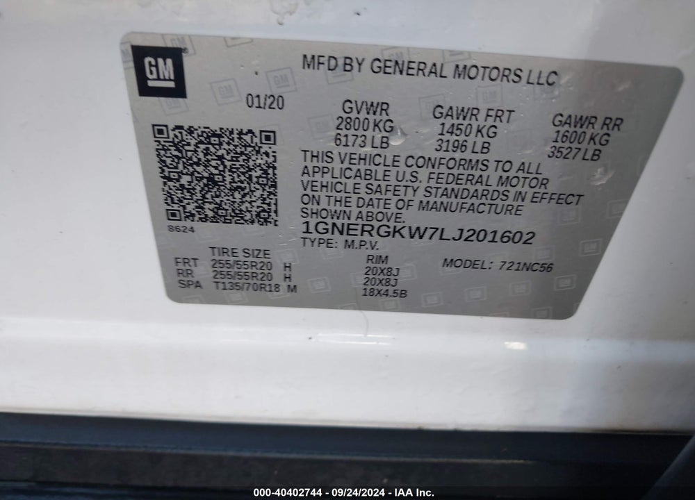2020 CHEVROLET TRAVERSE FWD LT CLOTH VIN: 1GNERGKW7LJ201602