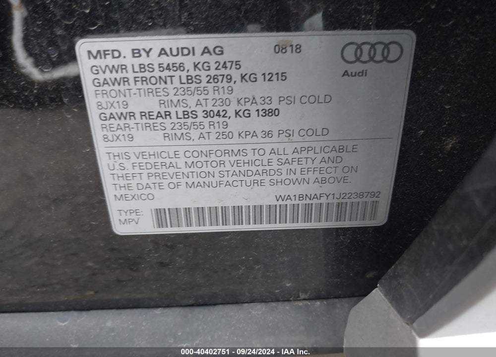 2018 AUDI Q5 2.0T PREMIUM VIN: WA1BNAFY1J2238792
