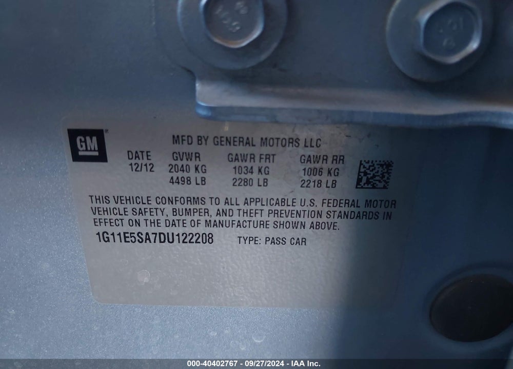 2013 CHEVROLET MALIBU 2LT VIN: 1G11E5SA7DU122208