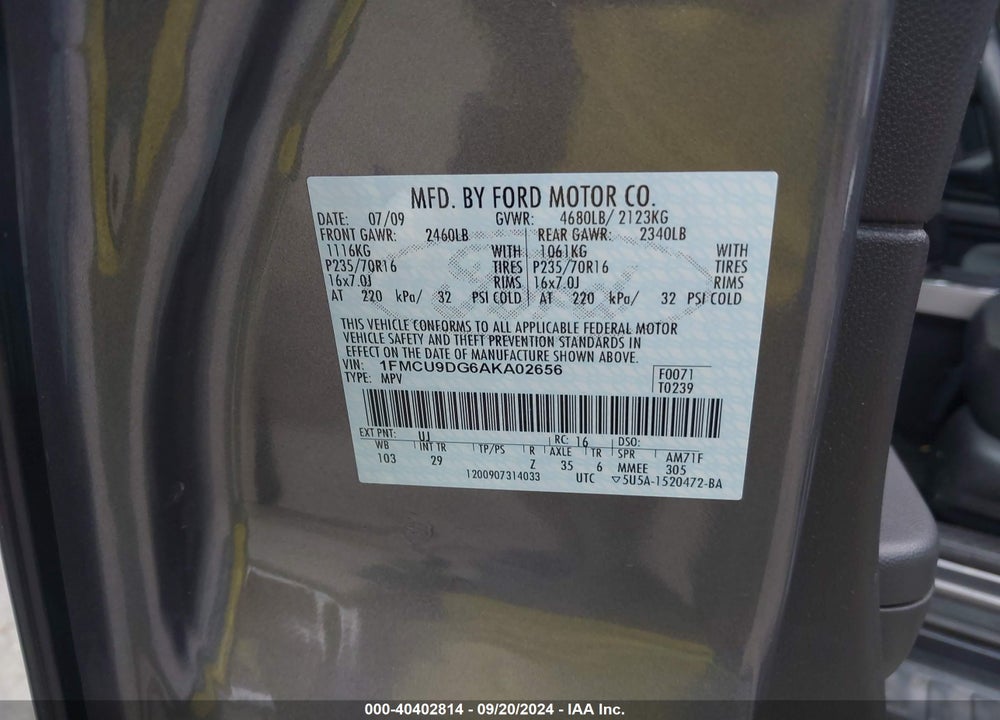 2010 FORD ESCAPE XLT VIN: 1FMCU9DG6AKA02656