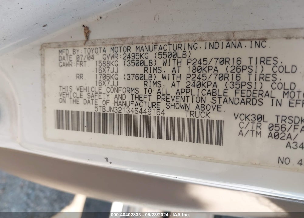 2004 TOYOTA TUNDRA VIN: 5TBJN32134S449164