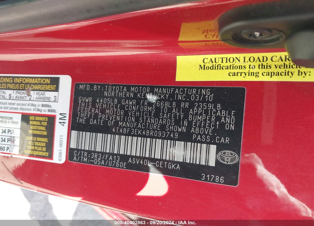 2011 TOYOTA CAMRY XLE VIN: 4T4BF3EK4BR093749
