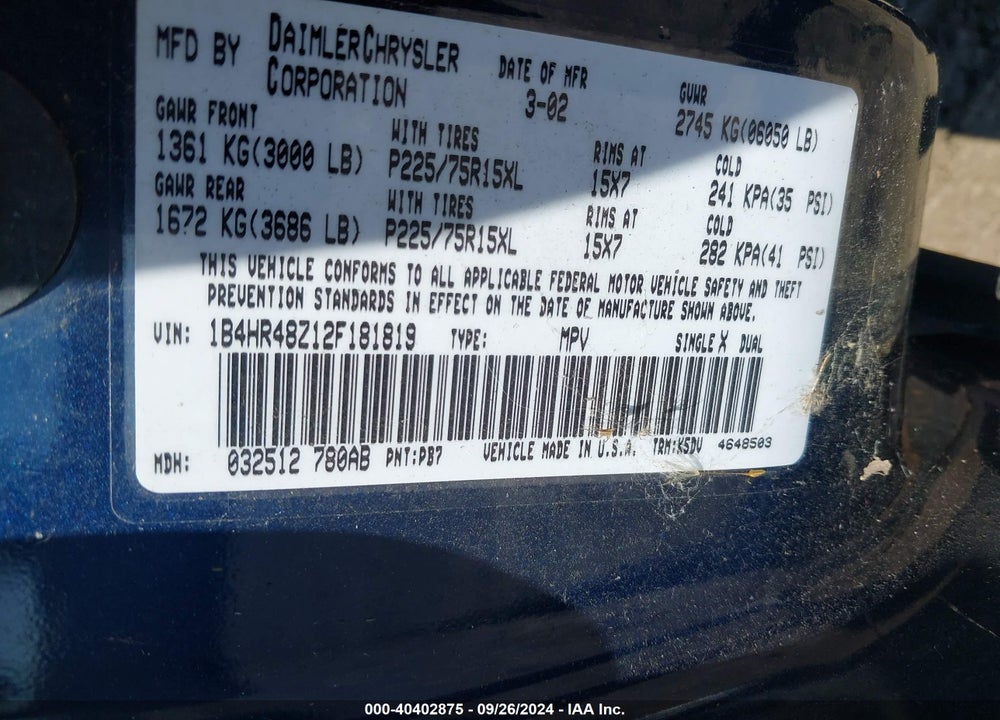 2002 DODGE DURANGO SLT VIN: 1B4HR48Z12F181819