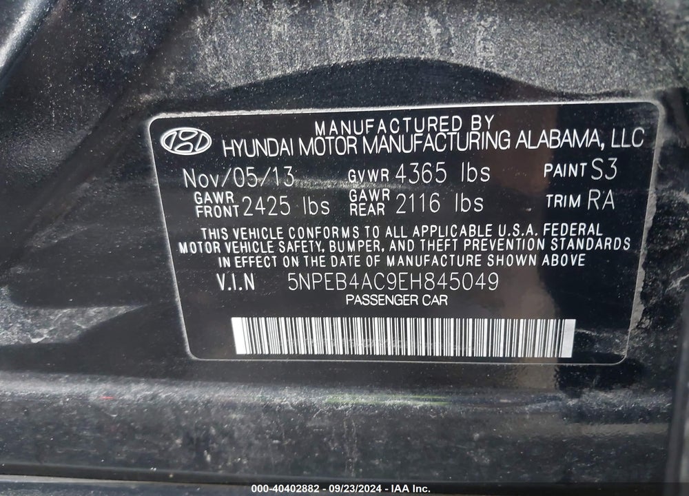 2014 HYUNDAI SONATA GLS VIN: 5NPEB4AC9EH845049