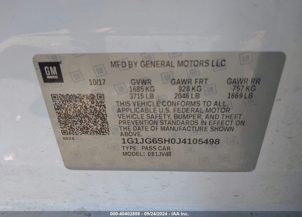 2018 CHEVROLET SONIC LT AUTO VIN: 1G1JG6SH0J4105498