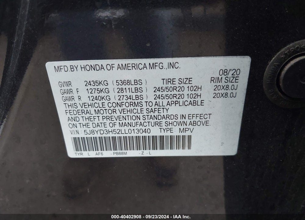 2020 ACURA MDX TECHNOLOGY PACKAGE VIN: 5J8YD3H52LL013040