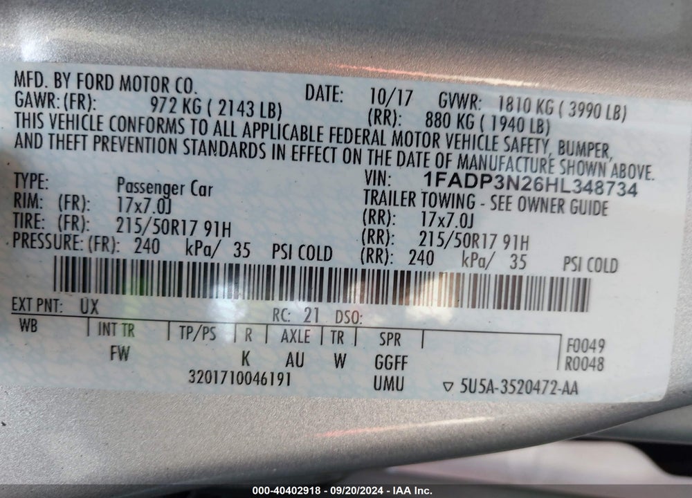 2017 FORD FOCUS TITANIUM VIN: 1FADP3N26HL348734