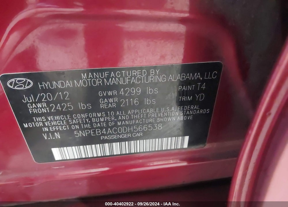 2013 HYUNDAI SONATA GLS VIN: 5NPEB4AC0DH566538