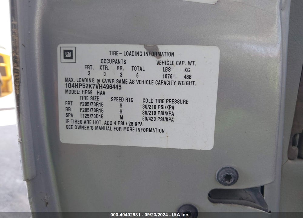 1997 BUICK LESABRE CUSTOM VIN: 1G4HP52K7VH496445