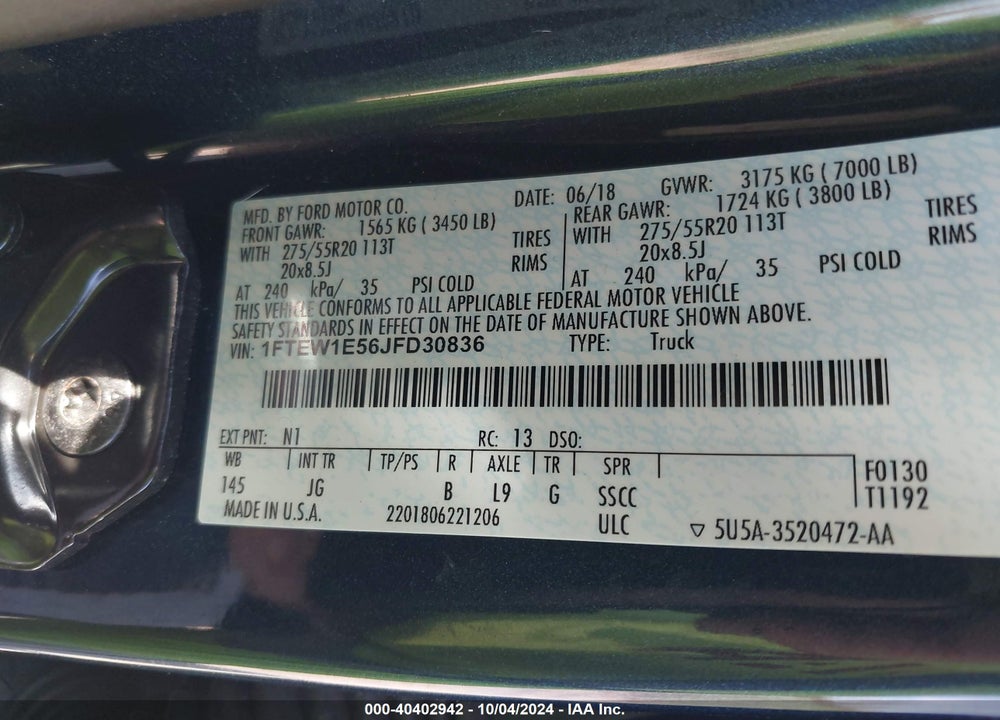 2018 FORD F-150 XL VIN: 1FTEW1E56JFD30836