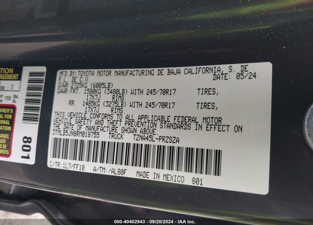 2024 TOYOTA TACOMA SR5 VIN: 3TMLB5JN8RM018755