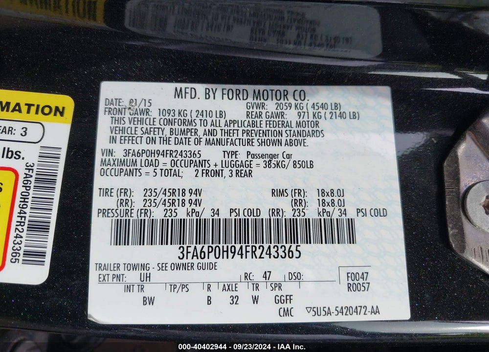 2015 FORD FUSION SE VIN: 3FA6P0H94FR243365